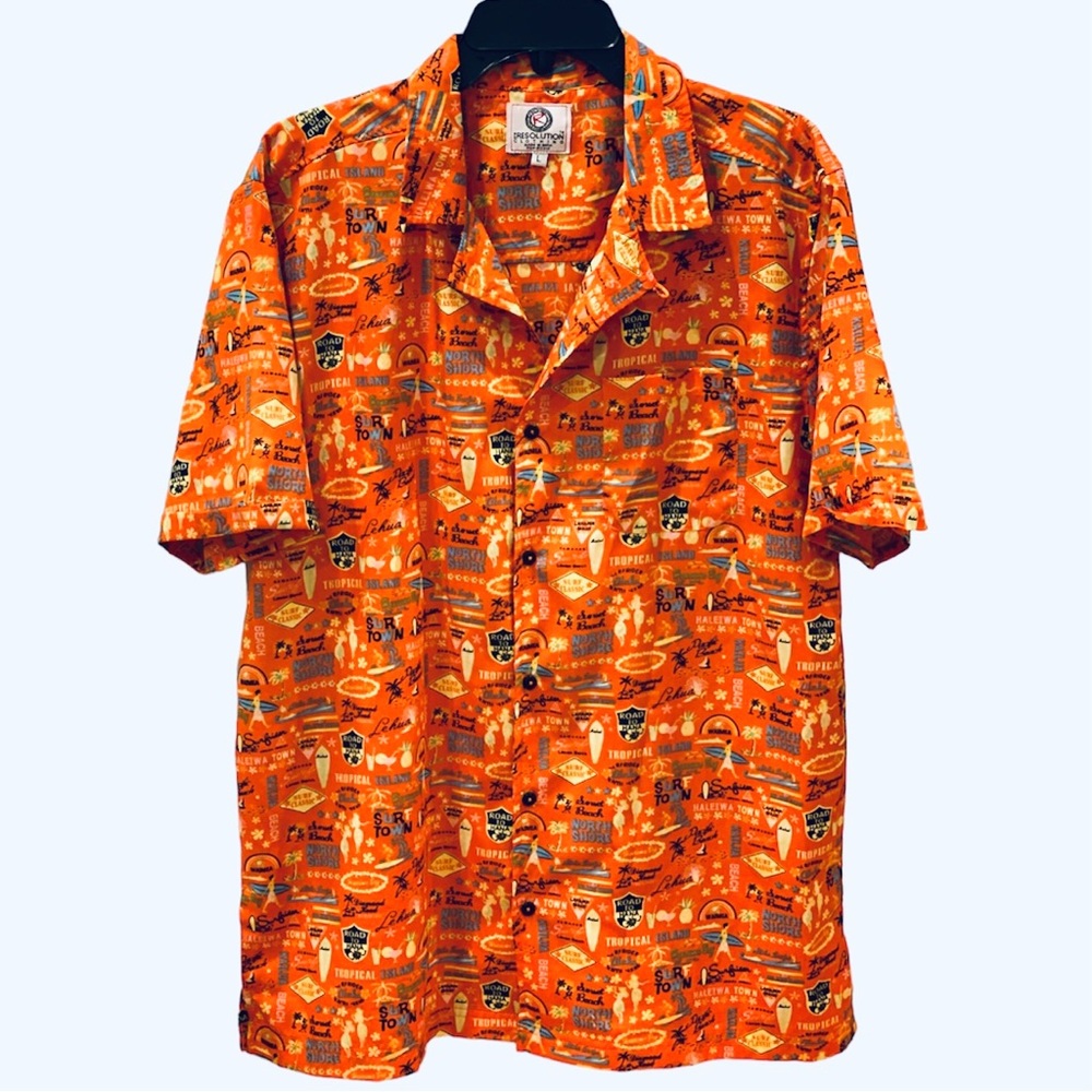 Mens Hawaiian Button Down Shirt Orange Surf Road to Hana L Hula Girls Multi - Picture 2 of 7